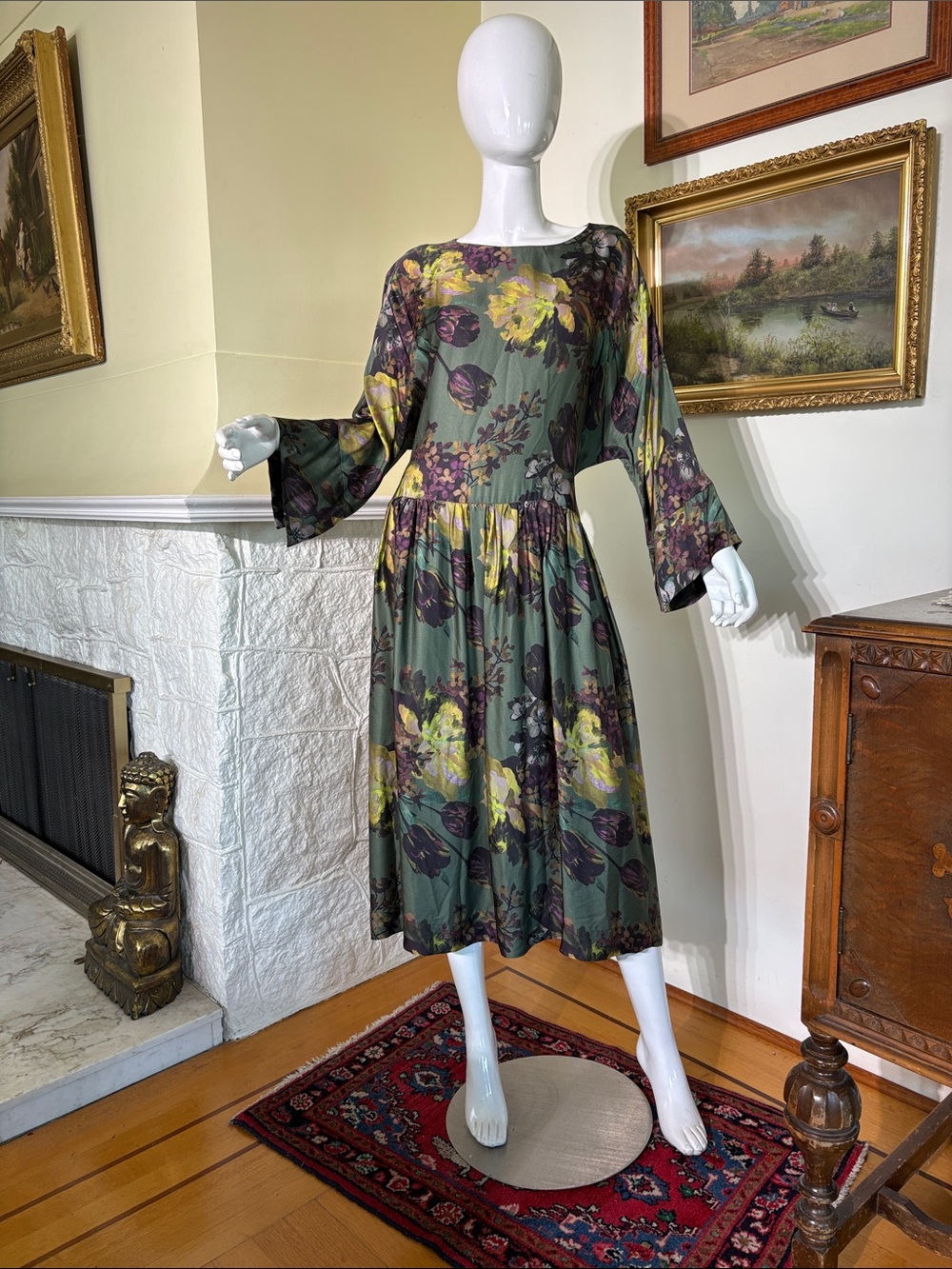 Bliss by Violeta Watercolor Floral Drop Waist Dress Artsy Boho Bell Sleeve Green